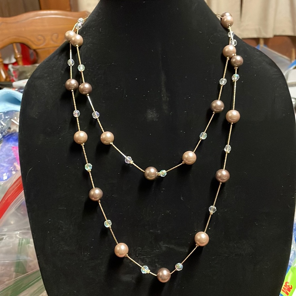 Lia Sophia Long Pearl Crystal station necklace